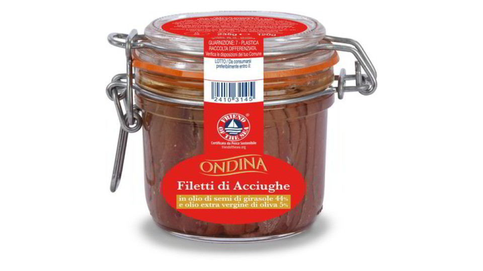 Filetti di acciughe in olio di semi di girasole 44% e olio extra vergine di oliva 5%