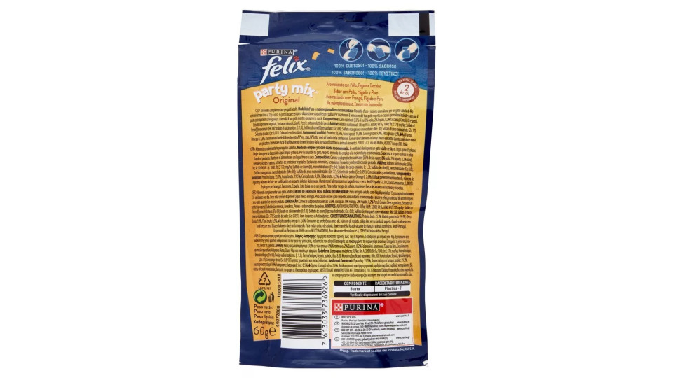 Purina, gatto Felix Party Mix snack original mix pollo fegato tacchino