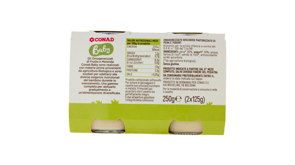 Baby Merenda Pera e Yogurt Biologico Omogeneizzato 2 x 125 g
