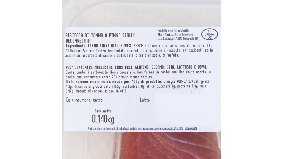 Bistecca di Tonno Pinna Gialla Msc