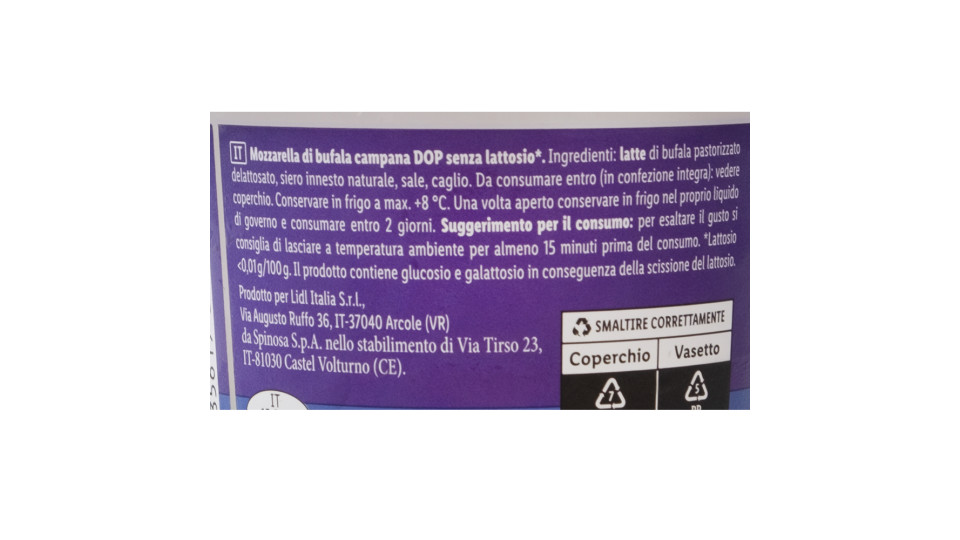 Mozzarella di Bufala Campana Dop senza Lattosio
