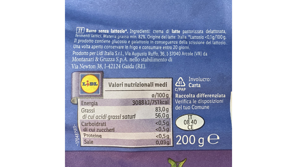 Burro senza Lattosio