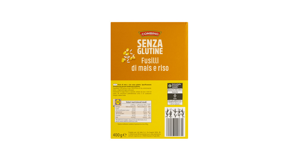 Fusilli di Mais e Riso senza Glutine