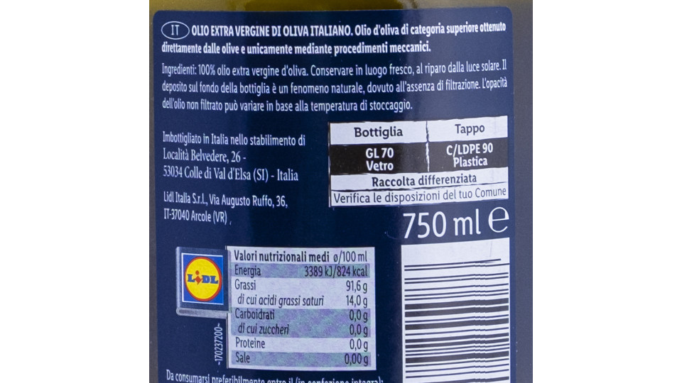 Olio Extra Vergine d'Oliva Non Filtrato 100% Italiano