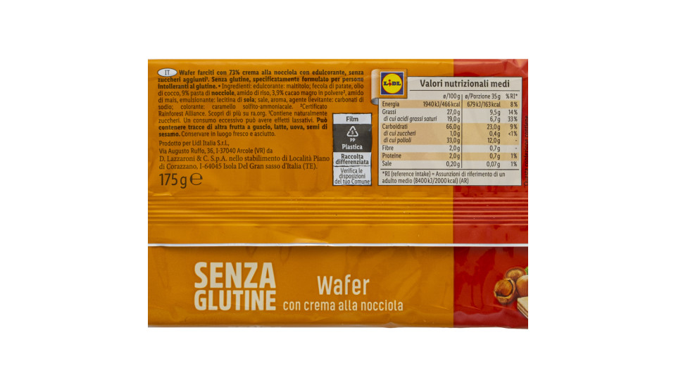 Wafer alla Nocciola senza Glutine
