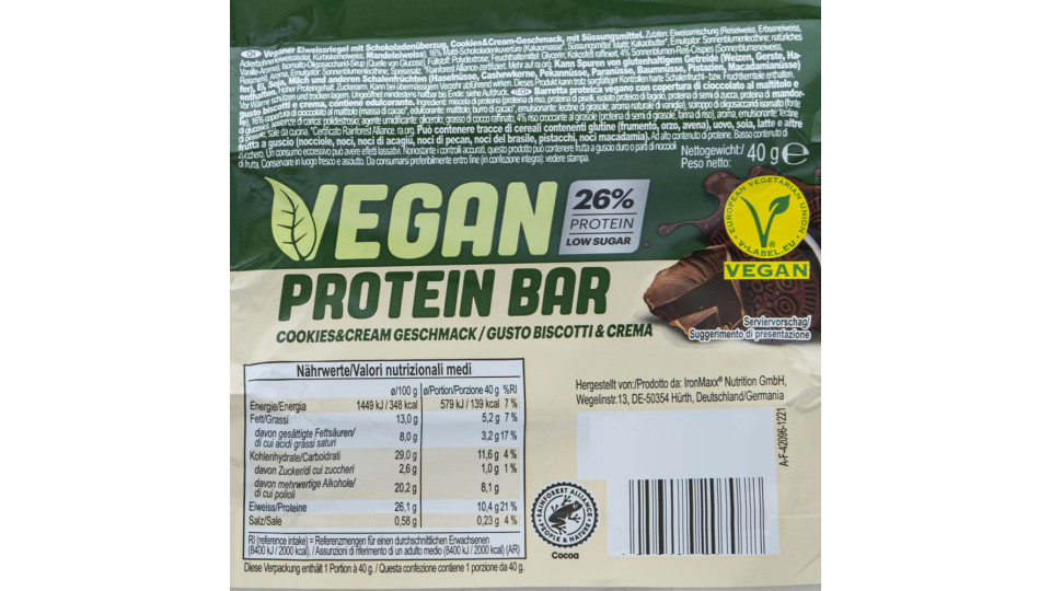 Barretta Proteica Vegana 26% Proteine Biscotti & Crema