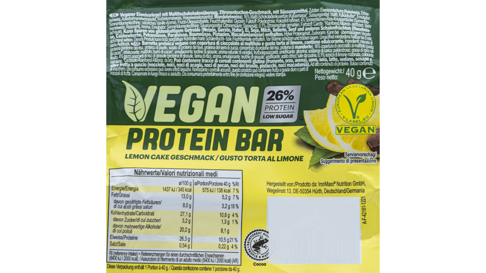 Barretta Proteica Vegana 26% Proteine Torta al Limone