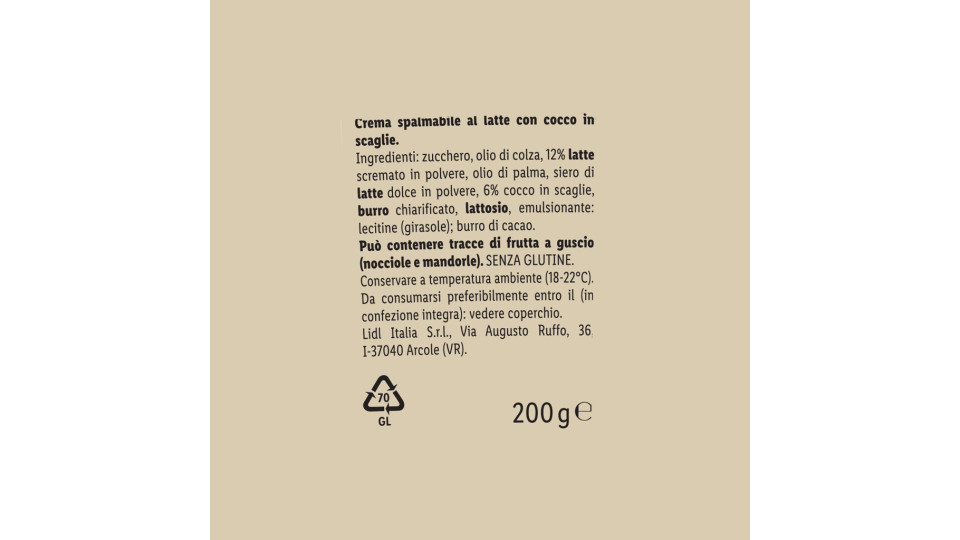 Crema Spalmabile Bianca al Latte con Cocco in Scaglie