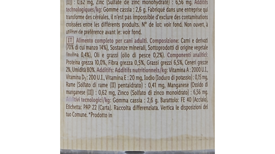 Patè per Cani Premium con Manzo