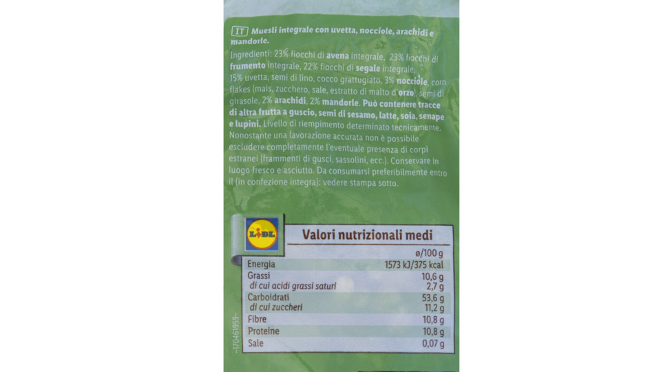 Muesli Integrale con Uva Sultanina e Frutta a Guscio