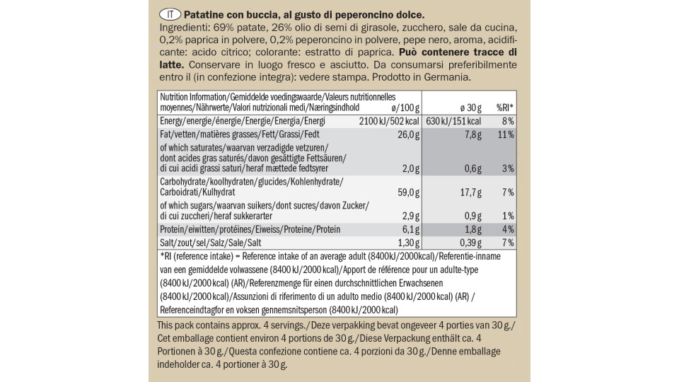 Patatine con Buccia al Gusto di Peperoncino Dolce