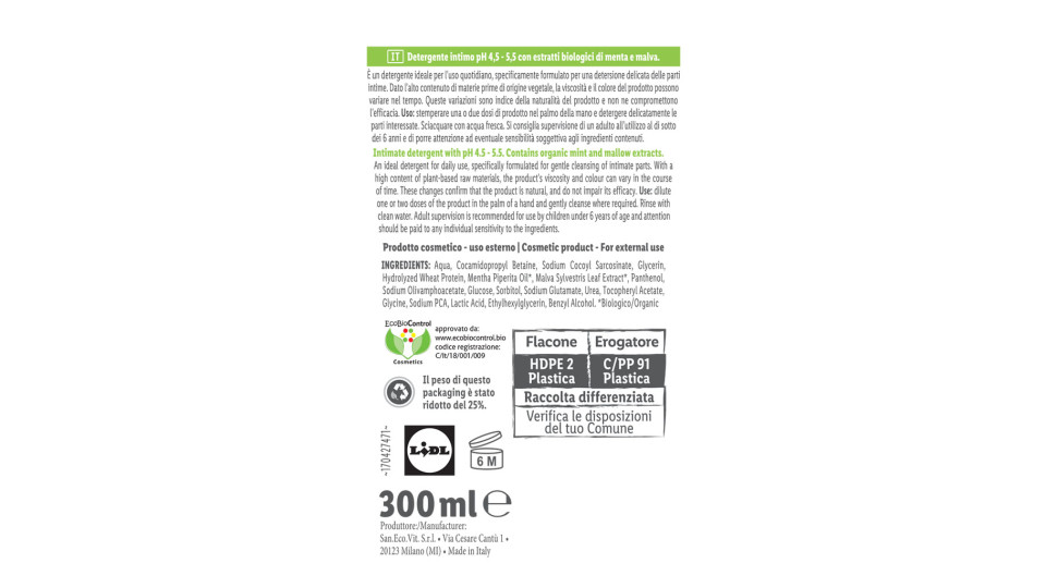 Detergente Intimo Rinfrescante con Menta e Malva Bio