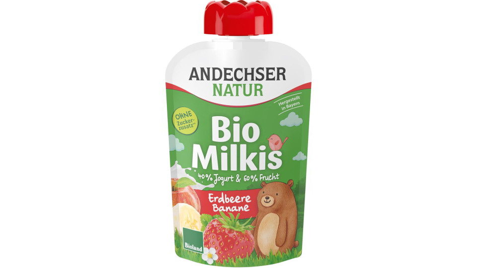 Pouches yogurt alla frutta fragola e banana milkis