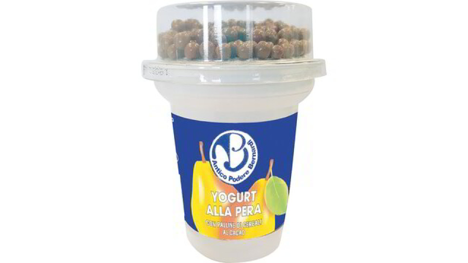 Yogurt alla pera con palline di cereali e cioccolato