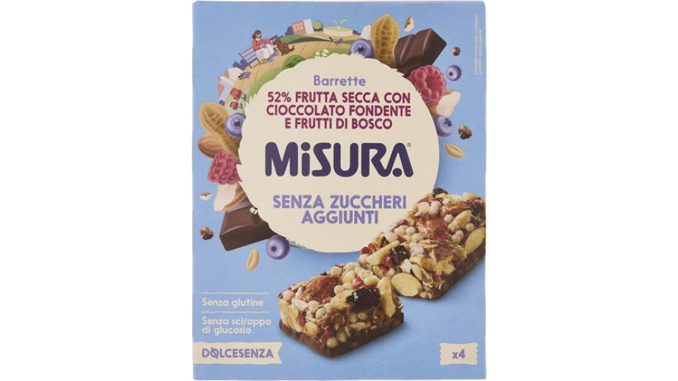 BARRETTE DI CEREALI SENZA ZUCCHERI AGGIUNTI 52% FRUTTA SECCA CON CIOCCOLATO FONDENTE E FRUTTI DI BOSCO