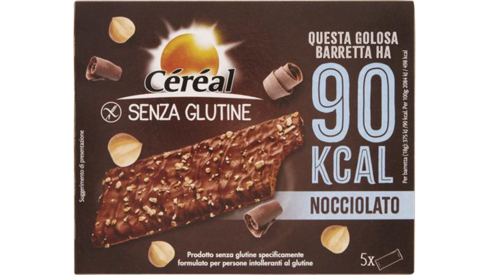 BARRETTA NOCCIOLATO CON CEREALI, CIOCCOLATO AL LATTE E NOCCIOLE 5 X 18 G - SENZA GLUTINE
