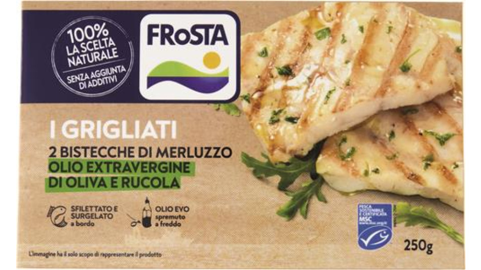 BISTECCA DI MERLUZZO GRIGLIATA CON OLIO EXTRA VERGINE DI OLIVE E RUCOLA MSC