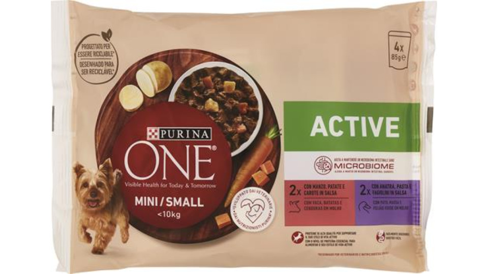 ALIMENTO SECCO CANE ONE ACTIVE MANZO E ANATRA IN SALSA GR85X4