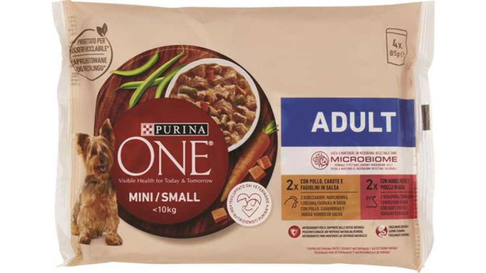 ALIMENTO SECCO PER CANE ONE MINI ADULT CON POLLO O CON ANATRA IN SALSA GR85X4