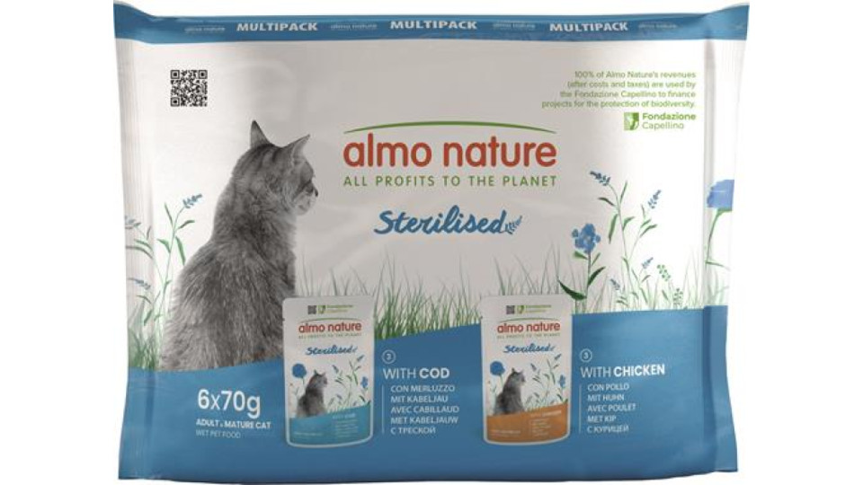 ALMO NATURE MULTIPACK HOLISTIC FUNCTIONAL 6X70G - STERILISED CON MERLUZZO E STERILISED CON POLLO