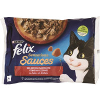 FELIX SENSATIONS SAUCES CIBO UMIDO PER GATTI CON TACCHINO E BACON, MANZO E POMODORO 4X85 G