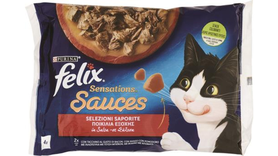 FELIX SENSATIONS SAUCES CIBO UMIDO PER GATTI CON TACCHINO E BACON, MANZO E POMODORO 4X85 G