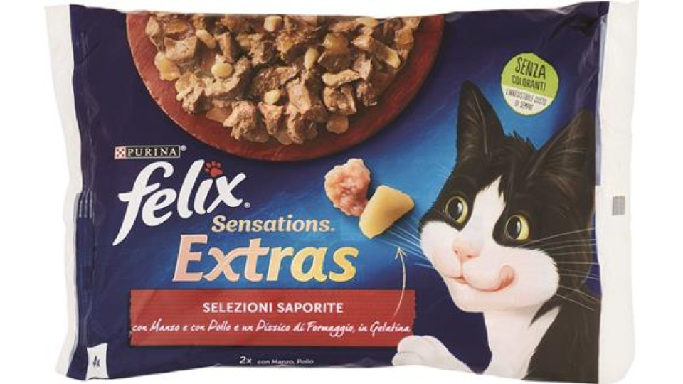 FELIX SENSATIONS EXTRAS CIBO UMIDO PER GATTI CON MANZO E POLLO 4X85 G