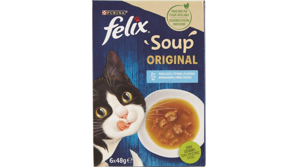 FELIX SOUP ORIGINAL CIBO UMIDO PER GATTI CON MERLUZZO, TONNO E PLATESSA 6X48G