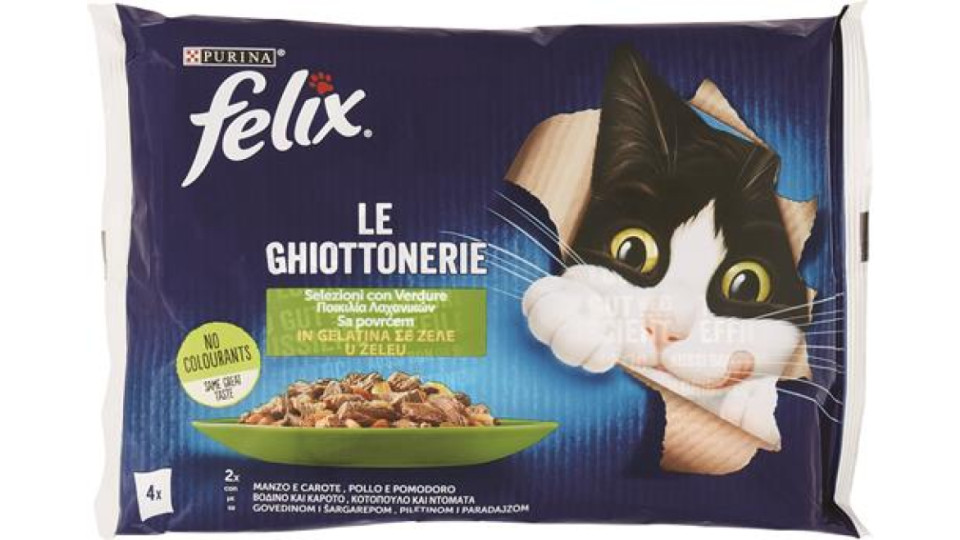 FELIX LE GHIOTTONERIE CON VERDURE CIBO UMIDO PER GATTI CON MANZO E CAROTE, POLLO E POMODORO 4X85G