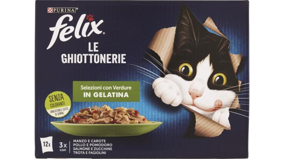 FELIX LE GHIOTTONERIE CON VERDURE CIBO UMIDO PER GATTI MANZO, POLLO, SALMONE E TROTA 12X85G