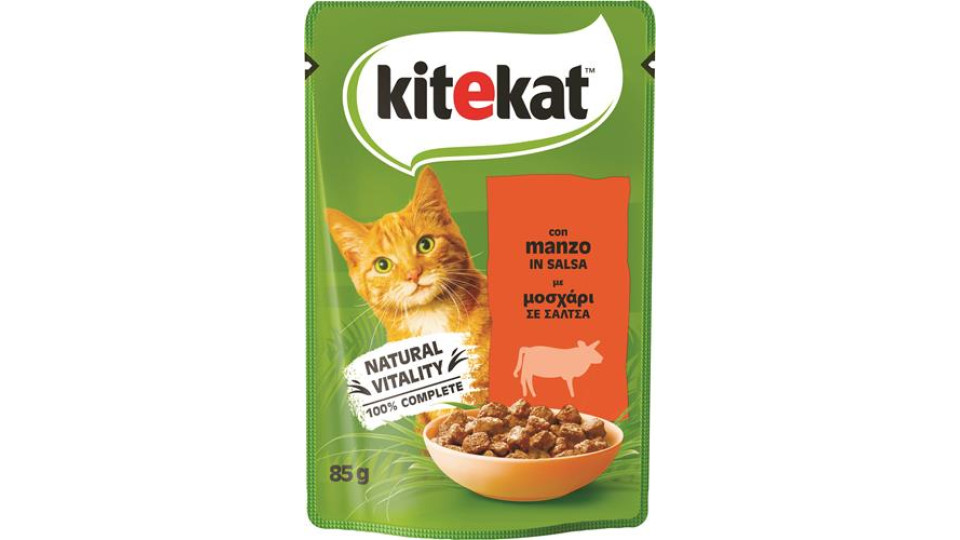 ALIMENTO UMIDO PER GATTI BUSTA KITEKAT DI MANZO IN SALSA DA 85GR