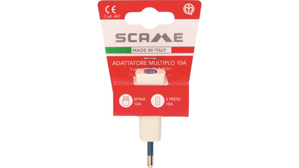 Adattatore con spina 10A 2P+T e 3 prese 10A 2P+T. IMQ - bianco