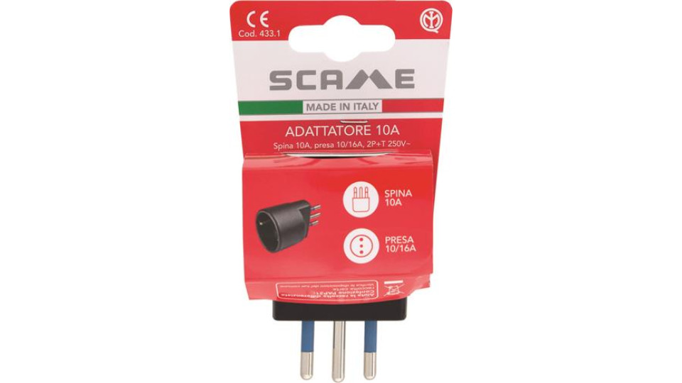 ADATTATORE CON SPINA 10A 2P+T E PRESA 10-16A 2P+T (STANDARD ITALIANO 10A E TEDESCO 16A CON TERRA LATERALE), IMQ NERO