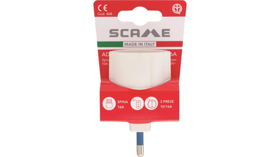 Adattatore pluristandard con spina 16A 2P+T. 2 prese bivalenti 10 16A 2P+T e 1 presa 10-16A 2P+T stand. italiano 10A e tedesco 16A con terra laterale .IMQ - bianco