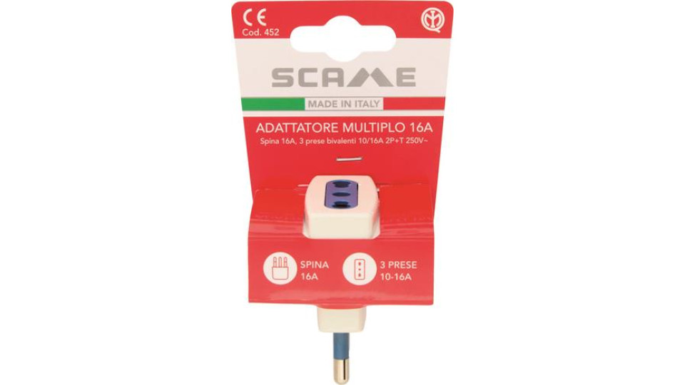 ADATTATORE CON SPINA 16A 2P+T E 3 PRESE BIVALENTI 10 16A 2P+T. IMQ - BIANCO