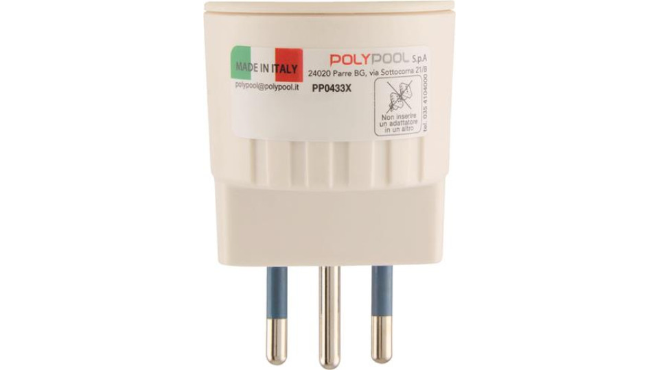 Adattatore con spina 10A 2P+T e presa 10-16A 2P+T standard Italiano 10A e tedesco 16A con terra laterale IMQ - bianco