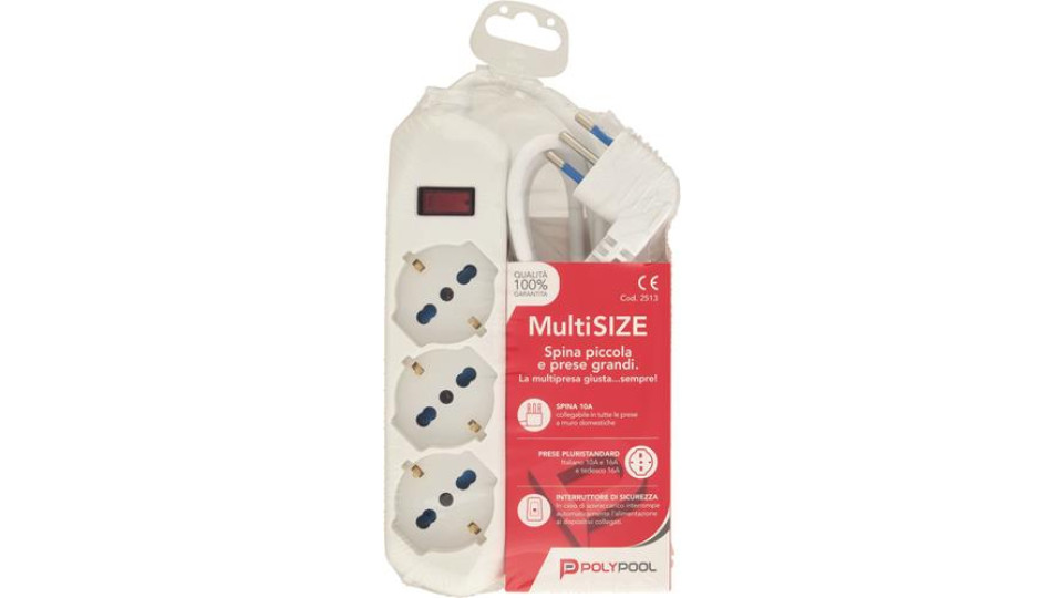 PRESA MULTIPLA CON INTERRUTTORE 3 USCITE BIVALENTI 10/16A 2P+T.
