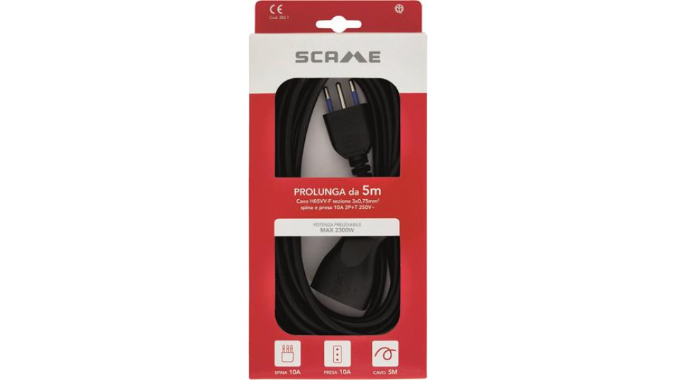 Prolunga lineare da 5m. cavo H05VV-F 3x0.75mm . spina e presa 10A 2P+T.IMQ. CE - nero