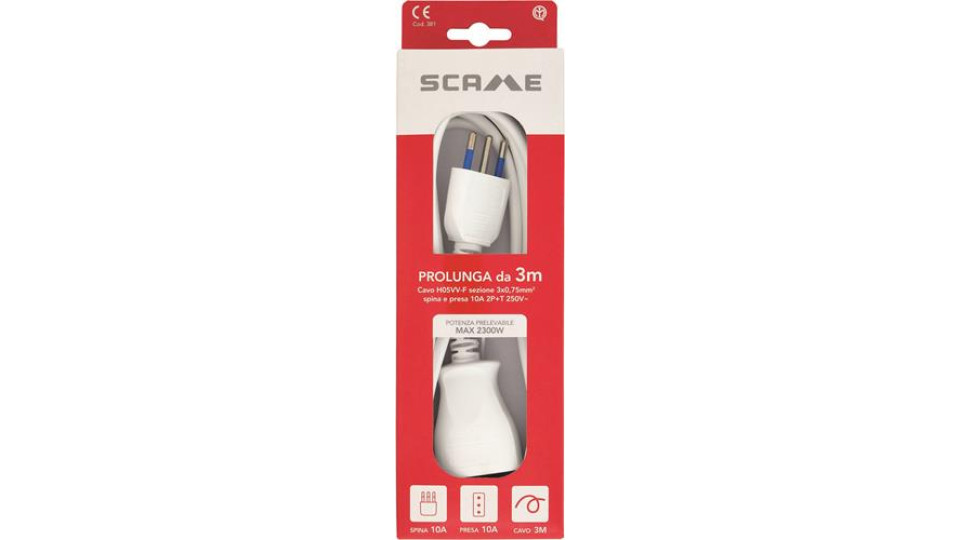 PROLUNGA LINEARE 3 MT. CAVO H05 VV-F 3X0 75 MM. SPINA E PRESA 10A 2P+T IMQ BIANCO