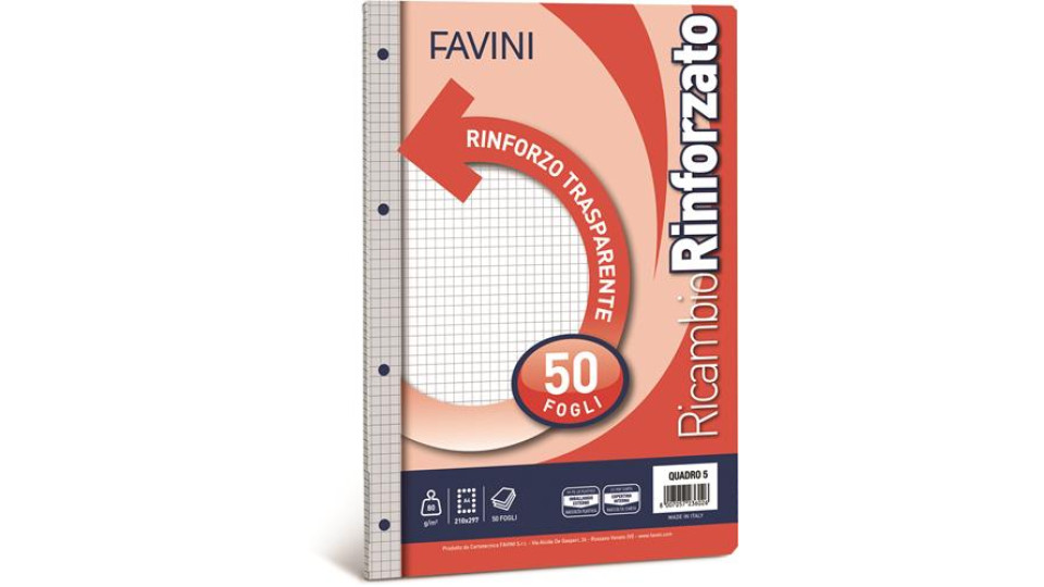 RICAMBI RINFORZATI FOGLI 50 A QUADRI, RIGO 5MM IDEALI PER RACCOGLITORI 4 ANELLI