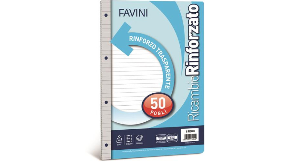 RICAMBI RINFORZATI FOGLI 50 RIGO 1R, RIGHE MEDIE E SUPERIORI. IDEALI PER RACCOGLITORI 4 ANELLI