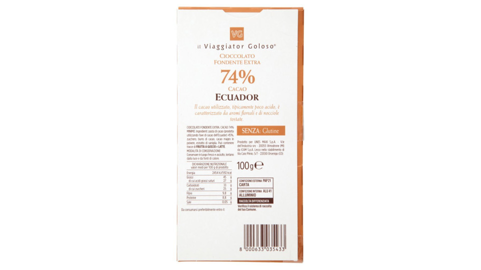 Cioccolato fondente Ecuador 74% il Viaggiator Goloso