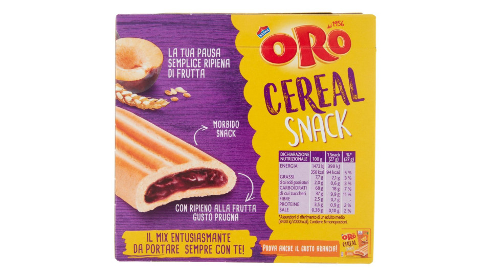 Oro Cereal Snack Prugna, soffice barretta con ripieno alla prugna - 162g