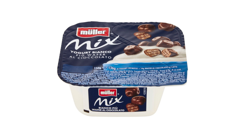 müller Mix l'Invitante Yogurt al Lampone più Wafer Ricopereti di Cioccolato Bianco