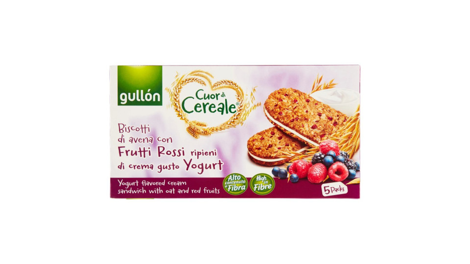 BISCOTTI DI AVENA CON FRUTTI ROSSI Ripieni di crema gusto yogurt 5 packs Gullon