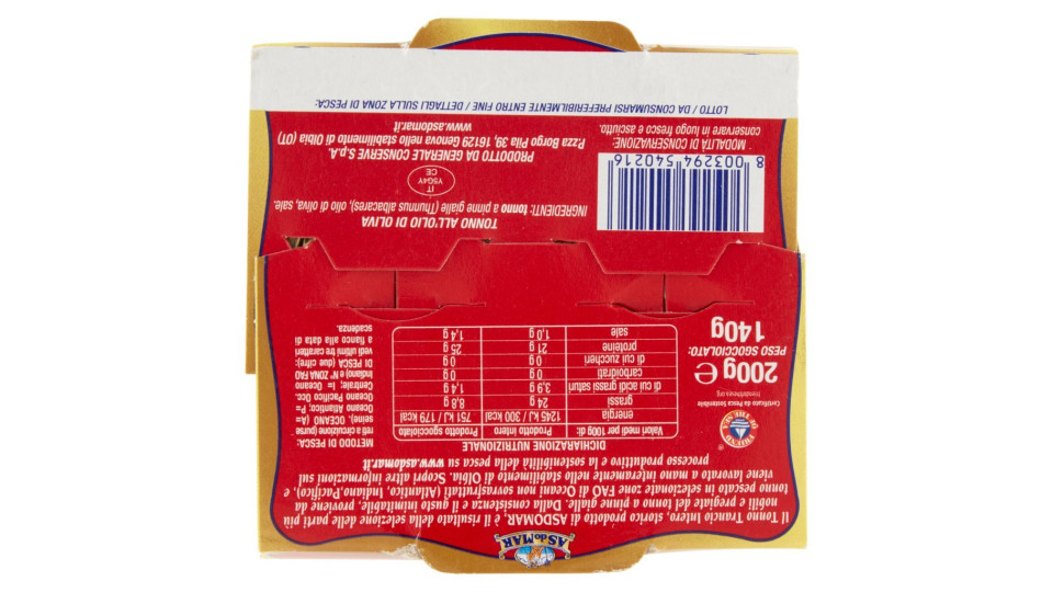 AsDoMar - Tonno Trancio Intero, all'Olio di Oliva, Pacco da  2X100 g, totale: