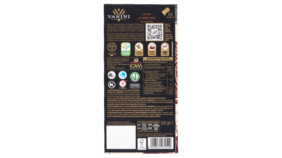Vanini fondente 74% con granella di cacao
