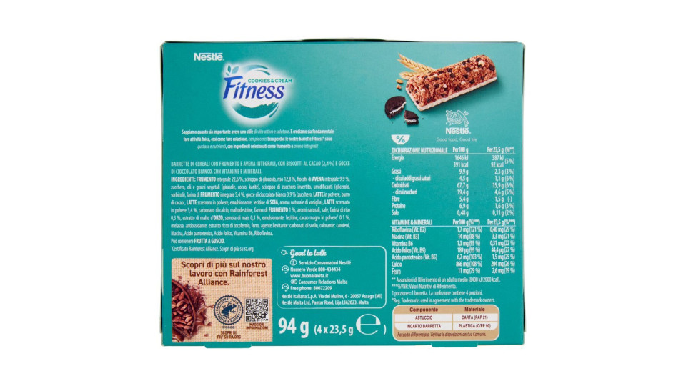 FITNESS COOKIES E CREAM Barretta di cereali integrali biscotti al cacao e cioccolato bianco
