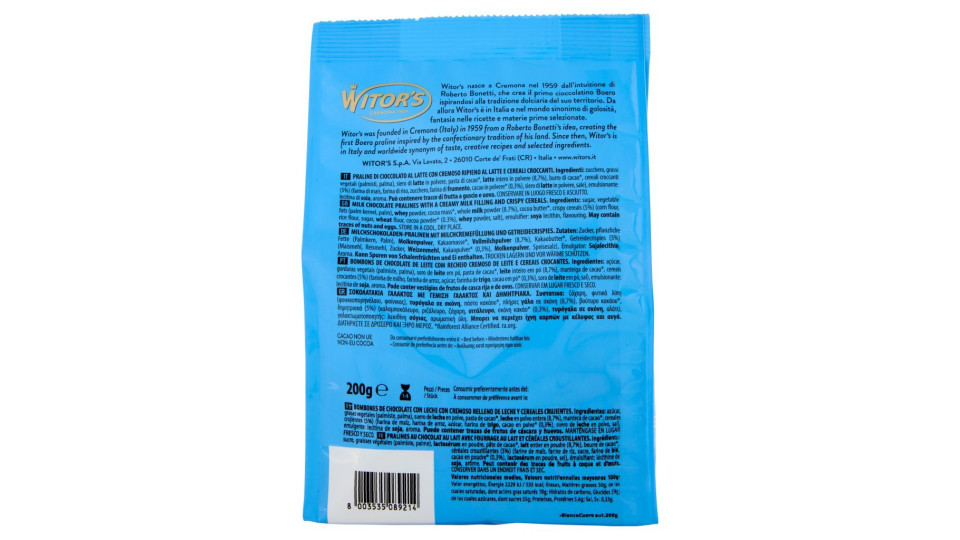 Witor's Bianco Cuore Cioccolato Al Latte Con Crema Al Latte E Cereali