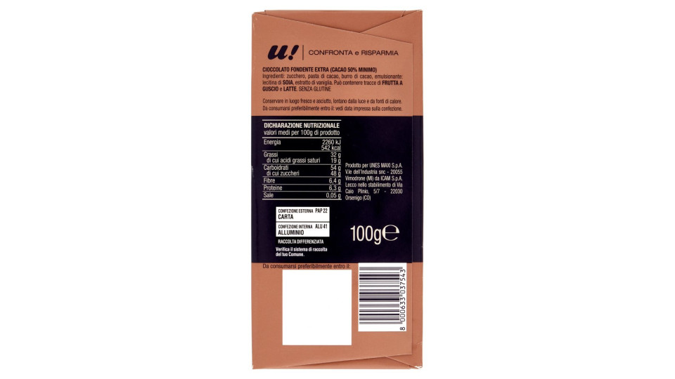 Cioccolato Fondente Extra Cacao: 85% Minimo